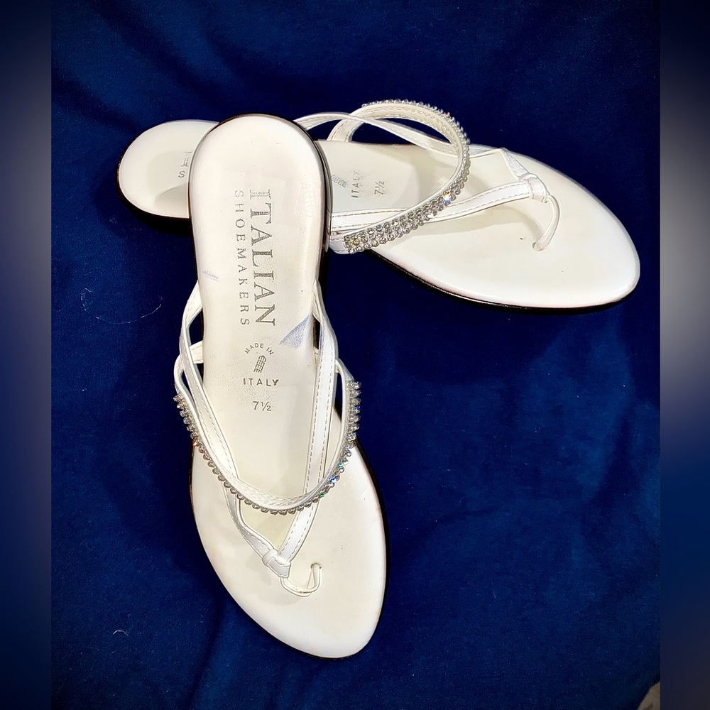 White Leather Rhinestone Sandals Comfort Italian Italy 7.5